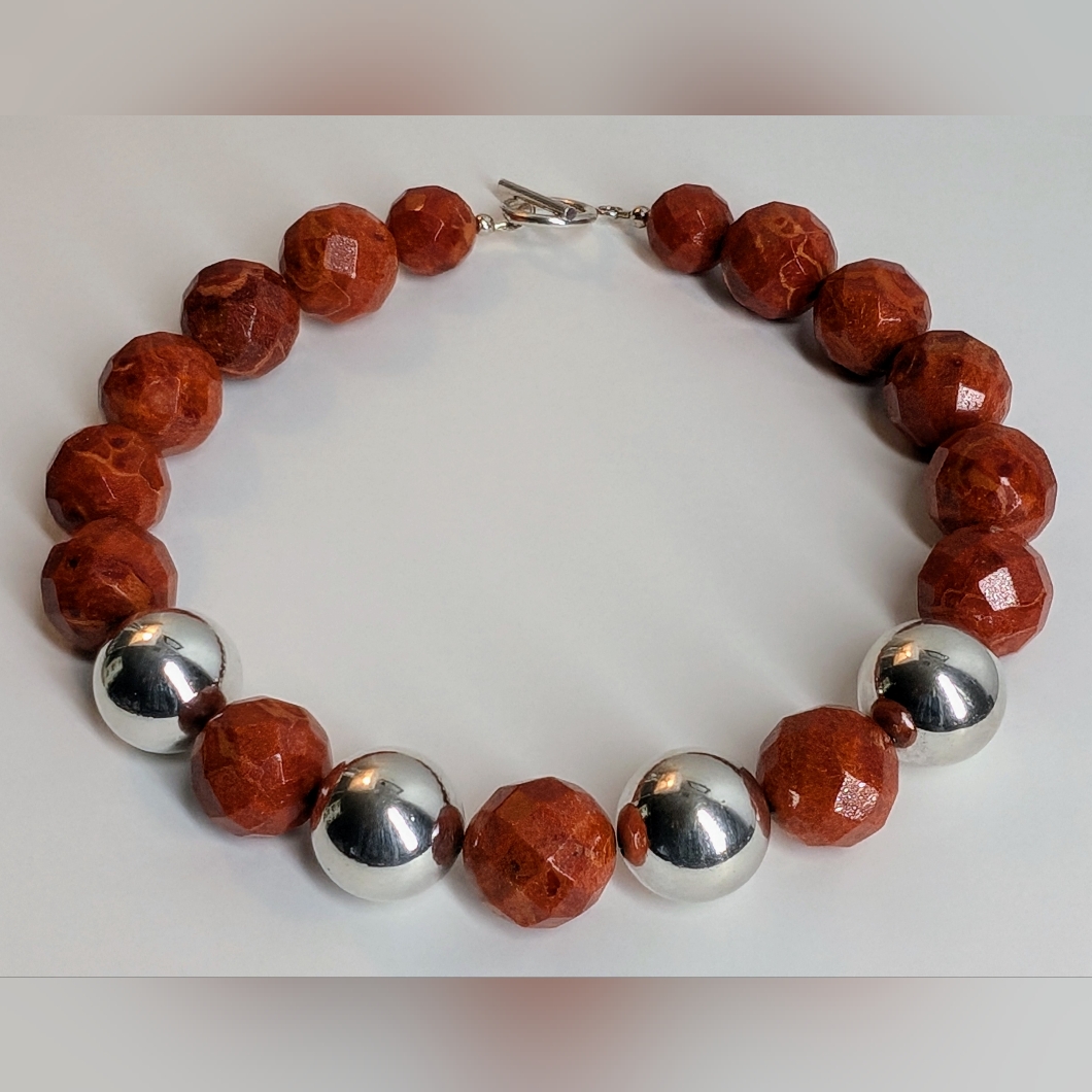 16 Faceted Red Apple Sponge Coral And Sterling Silver 20mm Bead Collar Necklace